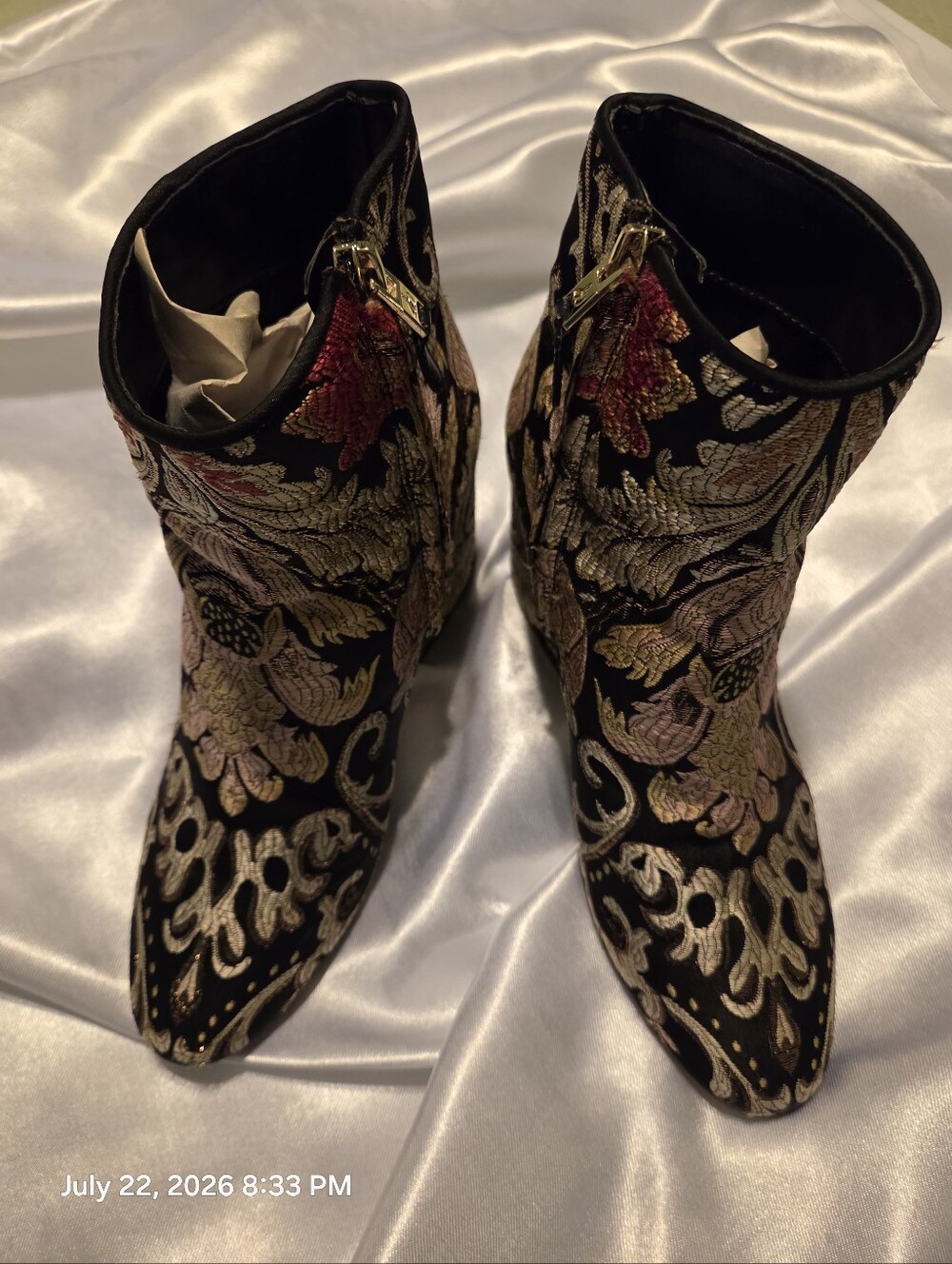 Sam Edelman Black Brocade Floral Ankle Boots with Gold and Pink Embroidery - Picture 1 of 9